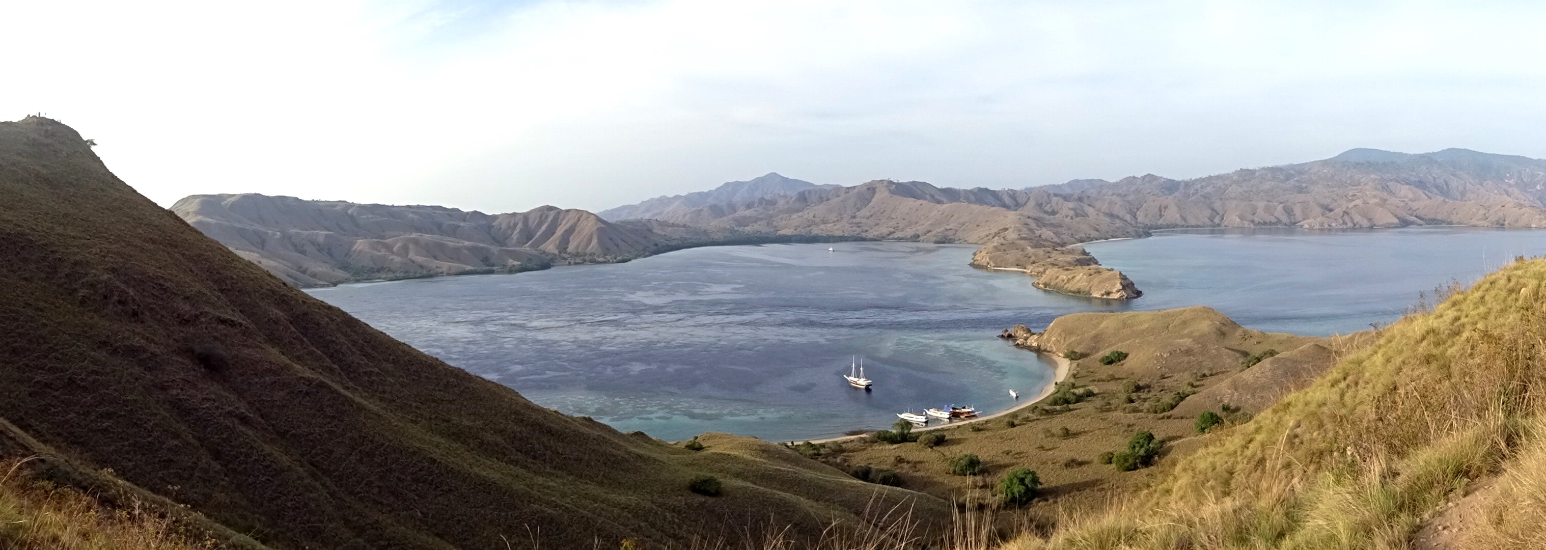 Open hills and coastal bays at Gili Lawa in the Komodo island landscape.