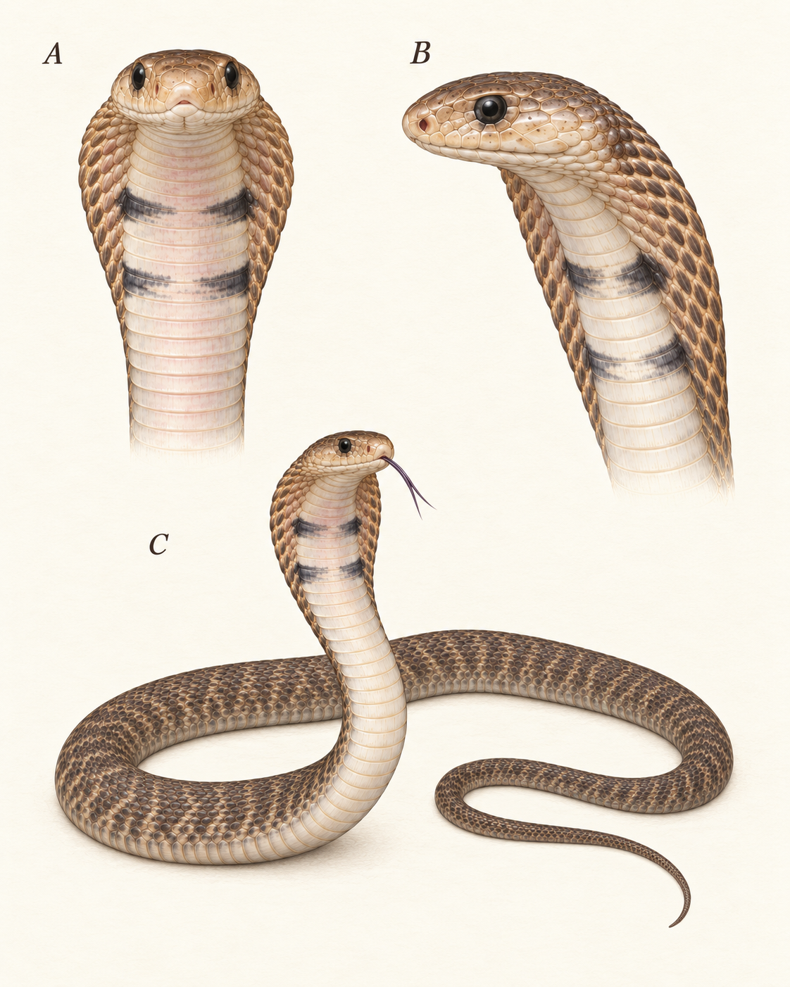 Juvenile Philippine cobra illustration plate with front, side and whole-body views.